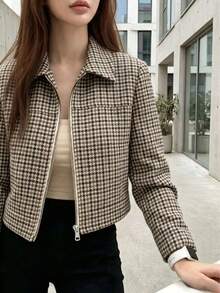 Vintage Houndstooth Jacket For Women, Front Zipper Design, Long Sleeve, Lapel Collar, Regular Fit, Suitable For Autumn/Winter Wear - Multicolor - View 4