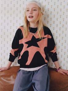 Girls Star Graphic Crew Neck Knit Pullover Sweater Fall Winter Casual Jumpe - Black - View 1