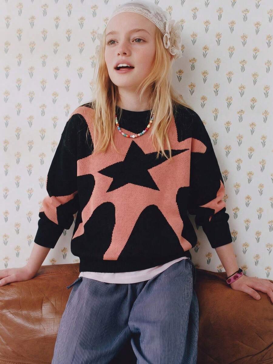 Girls Star Graphic Crew Neck Knit Pullover Sweater Fall Winter Casual Jumpe - Black - View 1