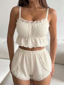 DAZY Sexy Hollow Out Spring Summer Autumn 2pcs Sleepwear Set Lace Trim Camisole & Shorts Women Loungewear - Beige - View 4