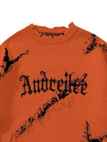 ANDREILEE 男士萬聖節毛衣，時尚休閒百搭日常通勤居家穿著，做舊流蘇字母圓領長袖寬鬆羅紋套頭衫，秋冬款 - 橘色 - 查看 5