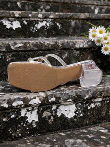 1 Pair Women's Slip‑On Slide Sandals, Silver Rhinestone Ornament Square Toe Clear Block Heel Party Mules - Silver - View 7