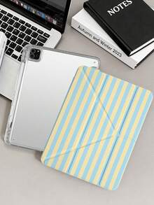 1件黃色與藍色條紋平板電腦保護殼，兼容 iPad Mini6/7/Air/Air2/9.7/10.2/10.5/10.9 (Air4-Air8)/Pro 11/10th Gen/A16/Pro 11 2024，彩繪圖案平板保護殼配透明壓克力背殼，絲綢質感 8 折疊支架，自動休眠/喚醒，內置筆槽，不含筆，部分機型附相機框 - 彩色 - 查看 2