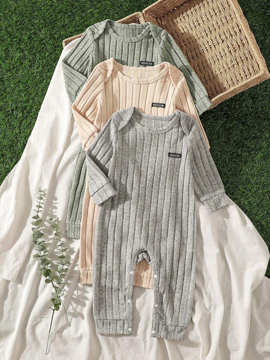 3pcs/Set Baby Boy Autumn/Winter Warm Fleece Solid Color Long Sleeve Snap Button Open Crotch Rompers - Multicolor - View 1