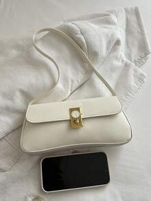 Textured Small Square Handbag For Women, New Lock Closure Solid Color Shoulder Bag, Commuter Underarm Bag - White - View 6