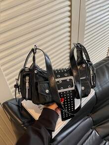 American Motorcycle Style Rivet Underarm Bag For Women, Hot Girl Multi-Pocket Practical Shoulder Crossbody Cool Retro Women's Bag - Black - View 7