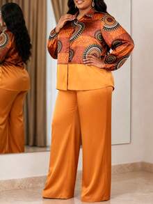 Afro Fashion Plus Size Satin 2-Piece Set, Lapel Button-Up Patchwork Print Shirt With Wide Leg Pants, Commute Office Casual Autumn Outfit - Brown - View 2