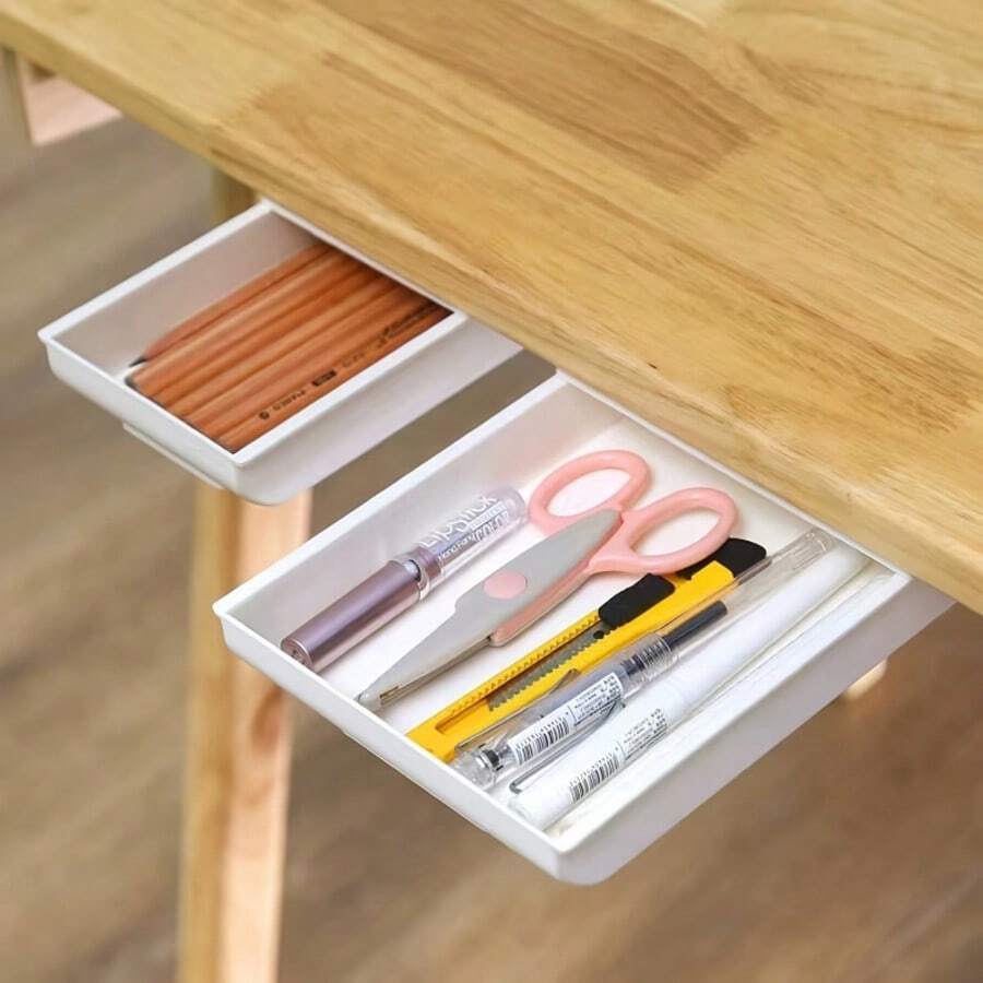 2pcs Under Desk Drawer, Self-Adhesive Pen Holder, Hidden Storage Box, Sliding Compartment Organizer, Suitable For Home Office, School Study Desk And Drawer Storage - Multicolor - View 1
