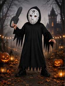Fantasia Jason Com Motoserra e Máscara com Túnica Capuz Halloween Criança - Preto - Visão 3