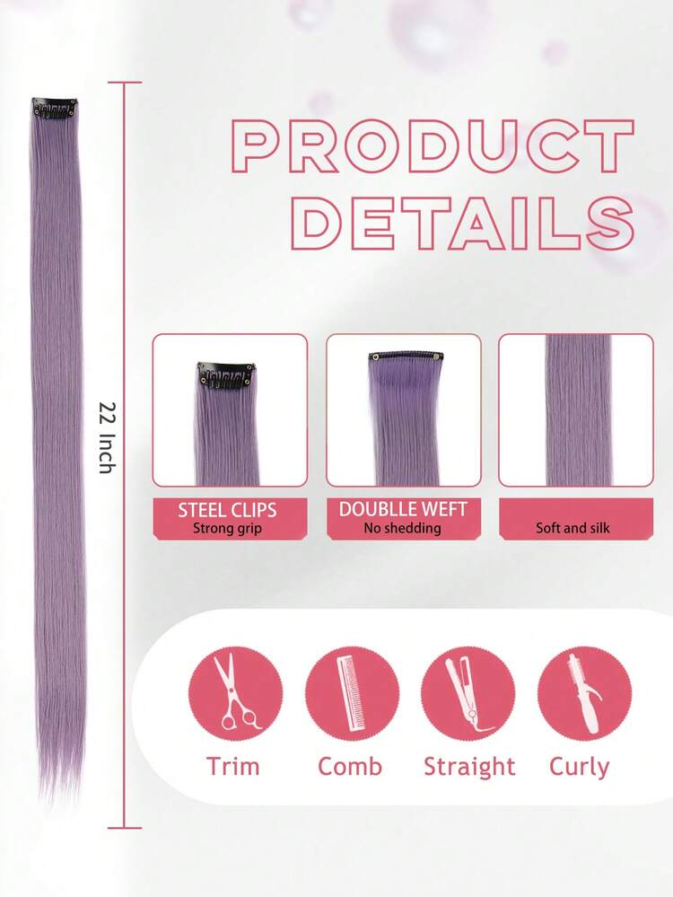 5pcs Colorful Clip-In Hair Extensions 20 Inch Straight Synthetic Hair, Halloween Cosplay Costume Fashion Party Christmas New Year Women Gift (Purple) - Mauve Purple - View 4