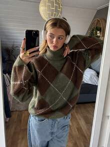 Women's Autumn/Winter Jacquard Knit Pullover Sweater, Olive Green, Back To School Season Color Block Patchwork Diamond Pattern, Old Money Style - Multicolor - View 4