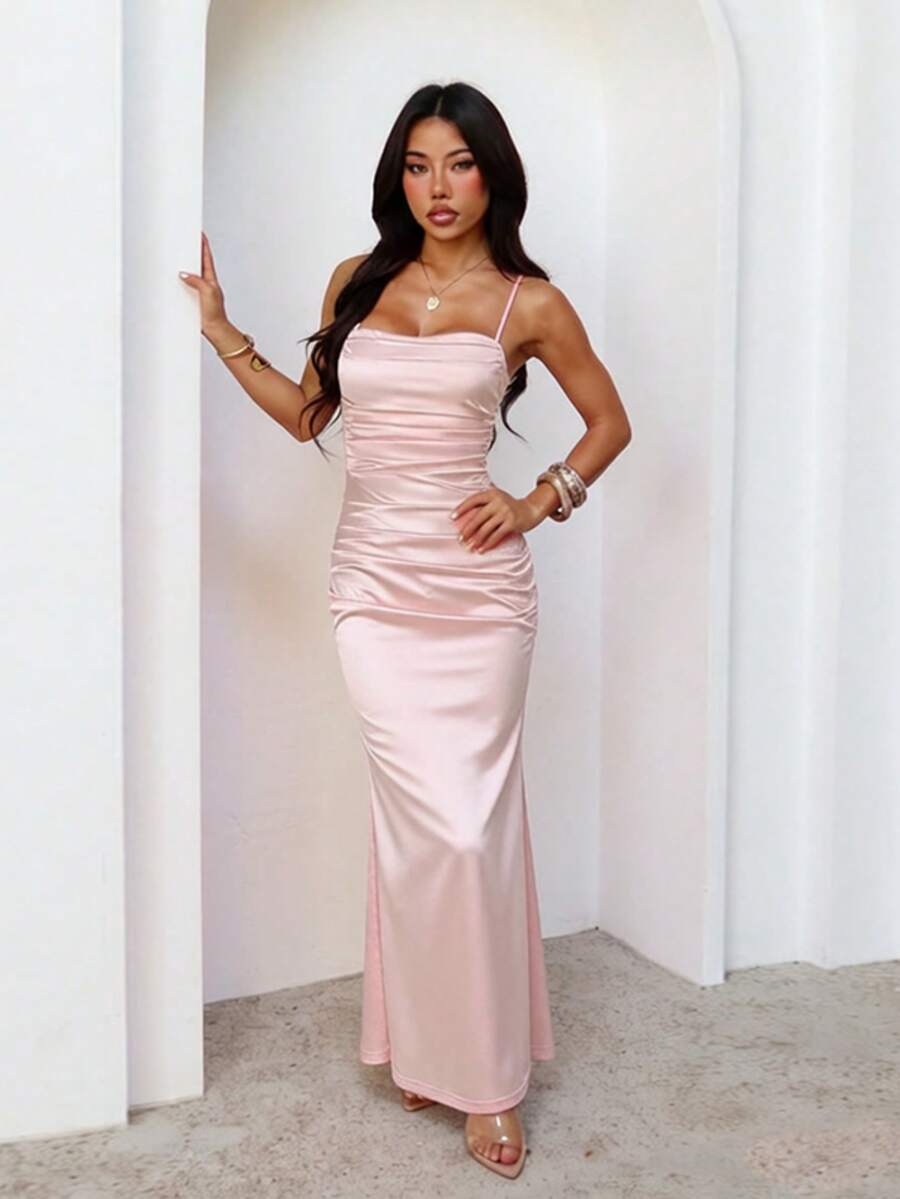 Women's Pink Satin Ruched Sexy Dress, Suitable For Party, Date, Evening Event