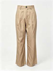 Minimalist Khaki High-Waist Pleated Wide Leg Suit Pants, Front Pleat Draped Full Length Commute Casual Women's Long Pants, Autumn Women's Bottoms - Khaki - View 2