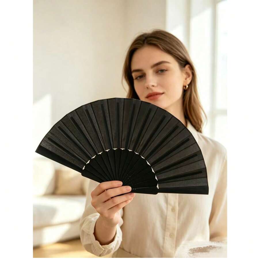 1pc Black Blank Folding Fan, Ancient Style Dance Fan, Plain Solid Color Folding Fan, New Chinese Style Photography Prop Fan - 1PC - View 1