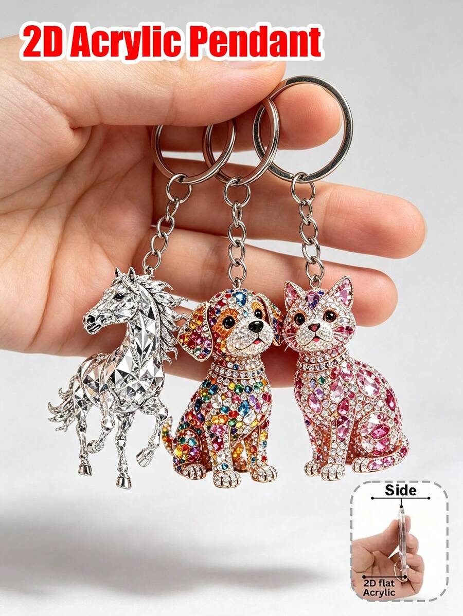 Crystal 2D Pendant Keychain, Shiny Diamond Animal Key Ring, Fashion Bag Charm Accessory, Handbag Backpack Car Key Pendant, Animal Lover Gift - Multicolor - View 1