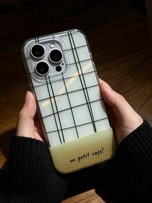 1件耐衝擊極簡黑色線條格紋拼接咖啡色法式手寫文字保護殼，中性設計，適合日常通勤休閒聚會，精美節日禮物選擇，相容 iPhone 11 12 13 14 15 16 17 Pro Max - 彩色 - 查看 1