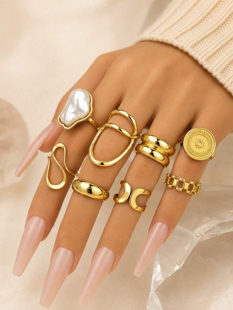 8Pcs/Set Vintage Elegant Faux Pearl Rings Set For Women Irregular Geometric Finger Rings Party Wedding Jewelry Accessories - Yellow Gold - View 1