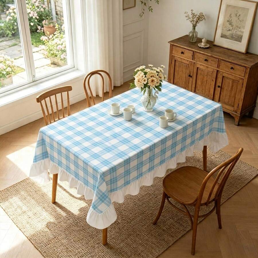 1pc Blue Plaid Print Tablecloth With White Ruffle Edge Decoration, Suitable For Dining Room, Balcony And Other Decorative Tablecloths. - Blue - View 1