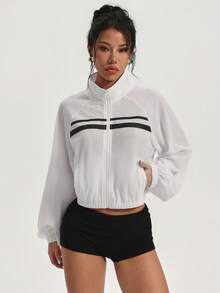 Short Mesh Sports Jacket, Striped Stand Collar Zipper Long Sleeve Sheer Sports Outerwear - White - View 3