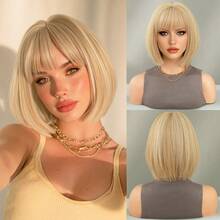 NAMM Wig Bob Pendek Lurus Pirang Elegan 12 Inci dengan Poni, Wig Serat Sintetis Tahan Panas yang Modis dan Alami untuk Pemakaian Sehari-hari dan Pesta Wanita - Sorot Pirang - View 12