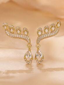 Autumn 2pcs 925 Silver Plated Unique Personalized Elegant Sparkling Rhinestone Feather Shape Water Drop Ear Climber Ear Stud Earrings - Multicolor - View 6