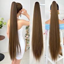 HEYPINK Claw Shaped Ponytail Extension Hair Accessory Brown Gold Burgundy Gradient Brown 38 Inch Long Wave Heat-Resistant Fiber Synthetic Ponytail Wig, Suitable For Women's Parties And Daily Use, Halloween - Black Brown - View 11