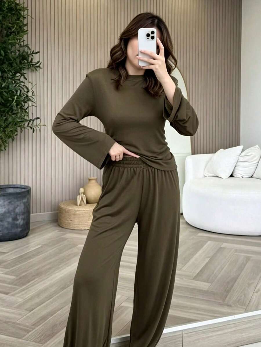 Fall Women's Solid-Color Casual Set: Round-Neck Long-Sleeve Top And Elastic-Waist Pants With Pockets (Two Pieces Set) - Army Green - View 1