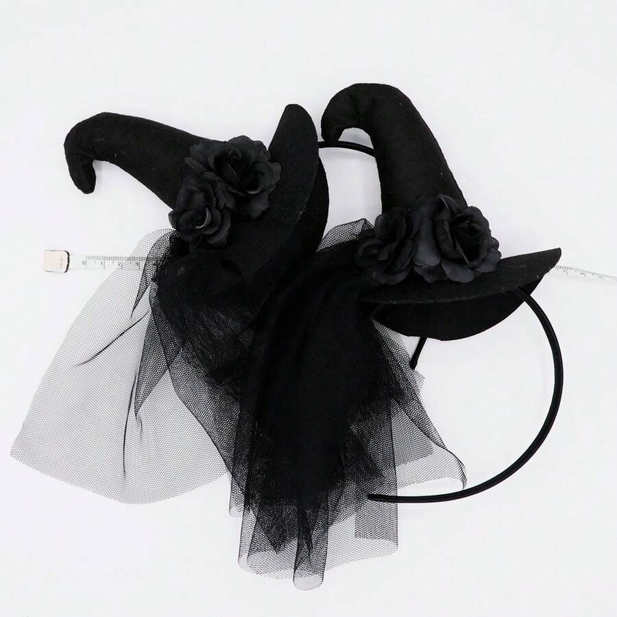 1pc/Halloween Black Tulle Witch Hat Headband, Holiday Party Cosplay Costume Photo Prop Headpiece - Black - View 1