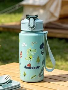 1pc 500ml Cute Portable Sports Water Bottle With Straw, Cartoon Dinosaur Pattern Cup, Suitable For Camping, Outdoor, Home, Halloween, Mug, Gift, Autumn, Christmas Gift, Cup - Multicolor - View 5