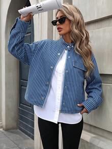 Mobula Sound# Spring/Autumn Versatile Fashion Striped Denim Jacket, College Style, Vacation, Daily, Travel, Airport, Zipper Long Sleeve Denim Jacket For Women - Blue - View 1
