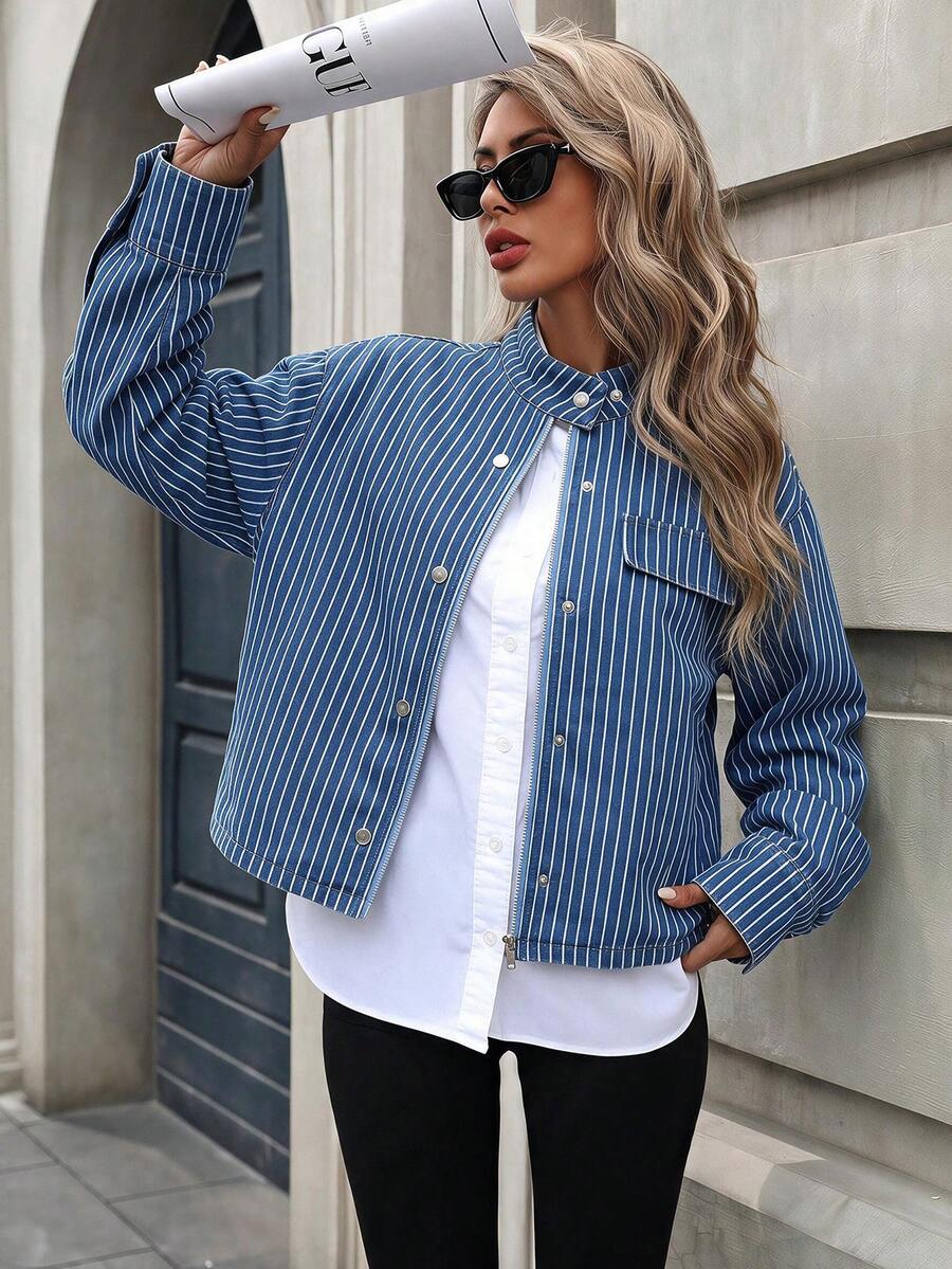 Mobula Sound# Spring/Autumn Versatile Fashion Striped Denim Jacket, College Style, Vacation, Daily, Travel, Airport, Zipper Long Sleeve Denim Jacket For Women - Blue - View 1
