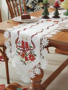 ABEST6522 Home&Living store Christmas Embroidered Lace Table Runner, Hollow Out Design, Candle Bell & Ribbon Pattern Table Flag, Festive Decor For Xmas Dinners & Family Parties - Multicolor - View 3