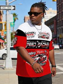 Plus Size Men's Colorblock Racing Print Crew Neck T-Shirt, American Motorcycle Loose Fit Short Sleeve, Plus Size Red White Black Patchwork Racing Slogan T-Shirt, Sports Casual Top, Plus Size SPEED Racing Motorcycle Loose Fit Crew Neck Short Sleeve - Multicolor - View 3
