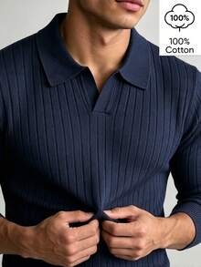 WAIT HIM 100% Cotton Men's Casual Solid Color Long Sleeve Ribbed Undershirt - Navy Blue - View 7