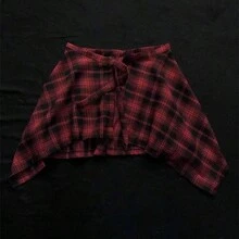 MESHUOKAI Y2K Street Style Outfit Short Hooded Top Plaid Shirt Lace-Up Distressed Loose Jeans - Multicolor - View 6