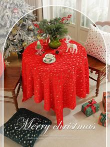 1pc Red Christmas Snowflake Foil Printed Velvet Tablecloth, Gold Christmas Snowflake Pattern Dining Tablecloth, Rectangular Tablecloth Christmas Holiday Restaurant Home Decor - Red - View 1