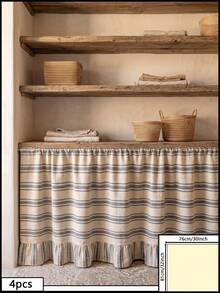 1/2pcs Beige Gray Horizontal Striped Table Skirt, Rustic Pastoral Style Fabric Material, Rectangular Top Pleated And Bottom Ruffle Detail, Storage Concealment And Decorative Beautification Function, Suitable For Storage Rack Cover And Natural Home Decor Scenes - Dark Grey - View 17