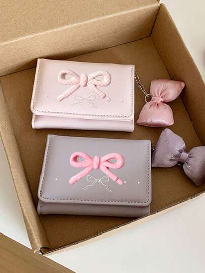 Macaron Color Palette And Bow Embellishments ,Pocket Small Women Wallet Mini Lightweight Minimalist Fashion Women Wallet Wallet Women,Back To School