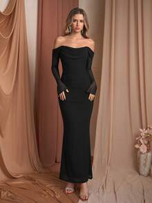 PARTHEA Elegant Women's Black Off-The-Shoulder Long Sleeve Mesh Maxi Dress, Draped Design, Mermaid Hem - Black - View 4