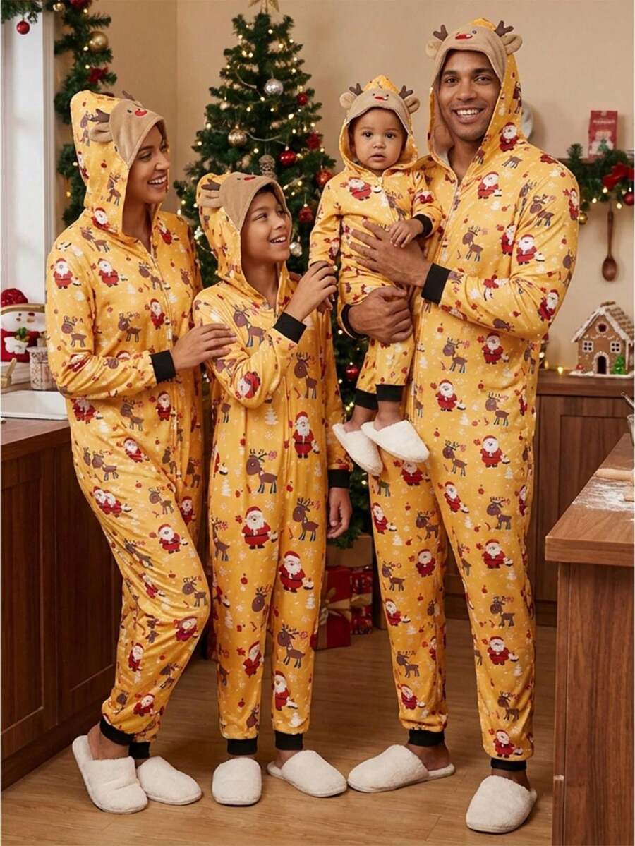 Family Matching Christmas Jumpsuits Pajamas Letter/Santa/Tree/Print Hooded Long Sleeve Playsuits Autumn Zipper Long Rompers - Yellow Mom - View 1
