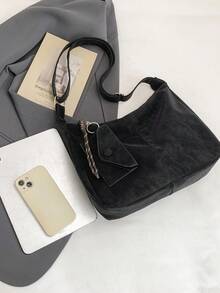 Vintage Distressed Hobo Underarm Bag For Women, Large Capacity Soft Leather Shoulder Bag With Free Small Card Holder, Commuter Crossbody Bag - Black - View 9