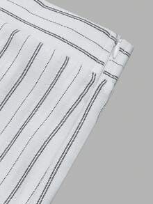 Celana Panjang Wanita Motif Garis-garis Musim Gugur, Celana Panjang Longgar Berlipit Pinggang Tinggi dengan Kantong Samping - Hitam dan Putih - View 5