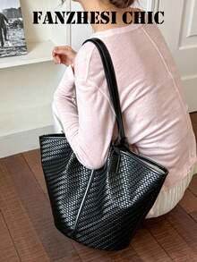 Stretched Fan-Shaped Tote Bag, Fully Covered In Woven Embossed Texture, Delicate And Layered Texture, Vertical Dividing Decorative Strips Outline Three-Dimensional Contour, Neat Edge Treatment Of Bag Opening. Extended Shoulder Strap Suitable For Shoulder Carrying, Open Design For Convenient Access, Ample Interior Storage Space, Minimalist And Elegant Style Suitable For Commuting, Daily Outings And Various Scenarios. - Black - View 5