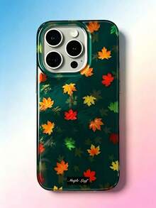 1PC Green Maple Leaf Foil Texture Phone Case Compatible With Apple 16Promax Full Coverage Large Hole Protective Cover 17pormax Anti-Drop 17/16Pro/15plus/14Pro/13Promax/12/11 Protective Shell - Multicolor - View 1
