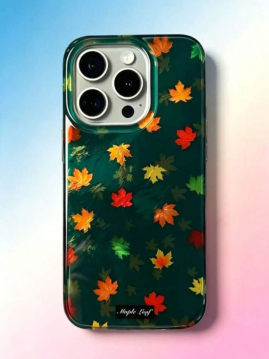 1PC Green Maple Leaf Foil Texture Phone Case Compatible With Apple 16Promax Full Coverage Large Hole Protective Cover 17pormax Anti-Drop 17/16Pro/15plus/14Pro/13Promax/12/11 Protective Shell - Multicolor - View 1