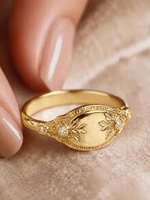 1 pièce Bague ovale vintage dorée, bague de déclaration de style bohème avec gravure florale et décoration de zircone micro-incrustée, bague de mode élégante pour femmes pour le port quotidien et les cadeaux - Doré - Voir 1