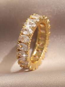 Bộ 5 nhẫn nữ thời trang hình học màu vàng, nhẫn đồng đính đầy đá Cubic Zirconia sang trọng, phù hợp cho đính hôn, Halloween và trang trí hàng ngày - Vàng - Xem 7