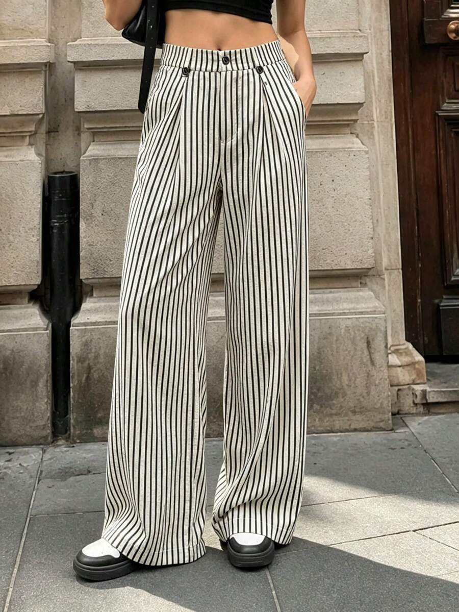女士休闲/度假/通勤可爱纹理条纹撞色纽扣拉链长裤，夏季春季长裤