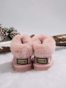 Infant & Toddler Girls Plush Fur Trim Winter Snow Boots, Girls Warm Fleece Lining Ankle Boots, Side Zipper Non-Slip Sole Casual Outdoor Boots - Pink - View 2