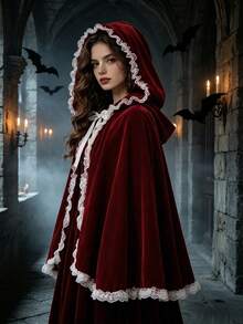 1 Pieza Capa con Capucha de Terciopelo Gótico para Mujer, Capa de Caperucita Roja para Cosplay con Ribete de Encaje en Contraste para Halloween y Fiesta de Navidad - Burdeos - Ver 4